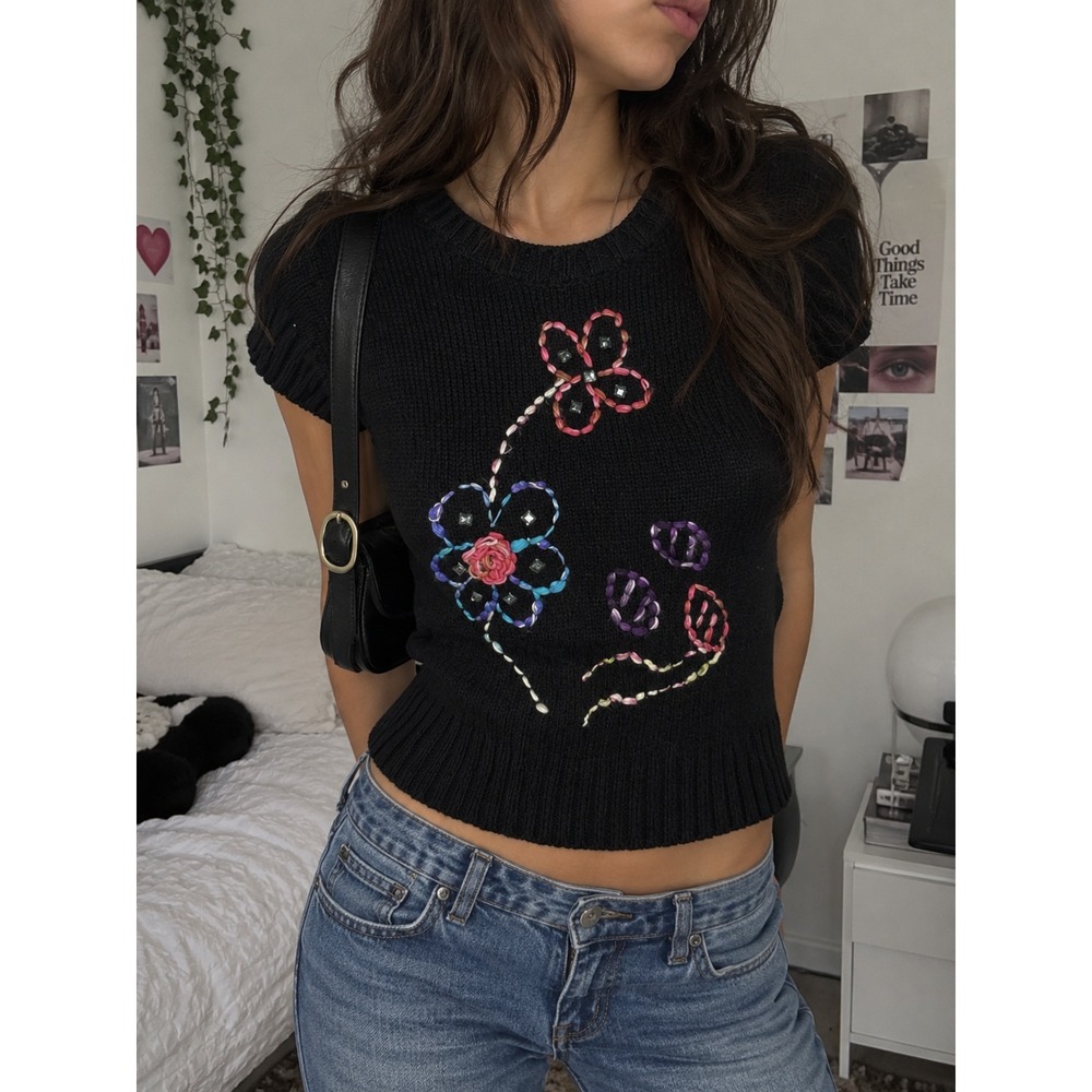 Forla Paris Black Embroidered Floral Knit Sweater Top Rhinestone Y2K France M